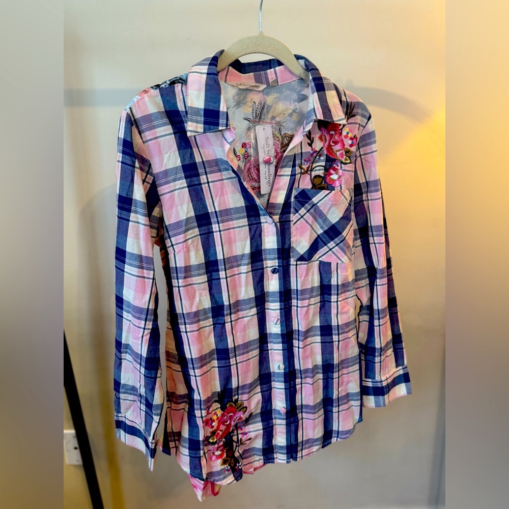 Soft Surroundings XS Bubblegum Plaid Blouse